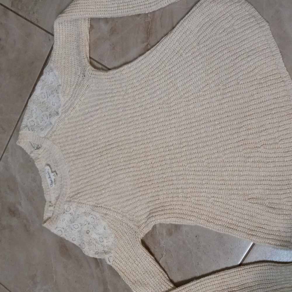 Cloud Chaser - Cream Lace-Shoulder Knit Sweater